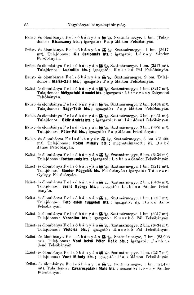 82 Nagybányai bány akapi tányság. Ezüst- és ólom bánya F e 1 s ő b á n y á 11 SSfef» Szatmármegye, l bm. (Tulajdonos : Kisasszony bts.