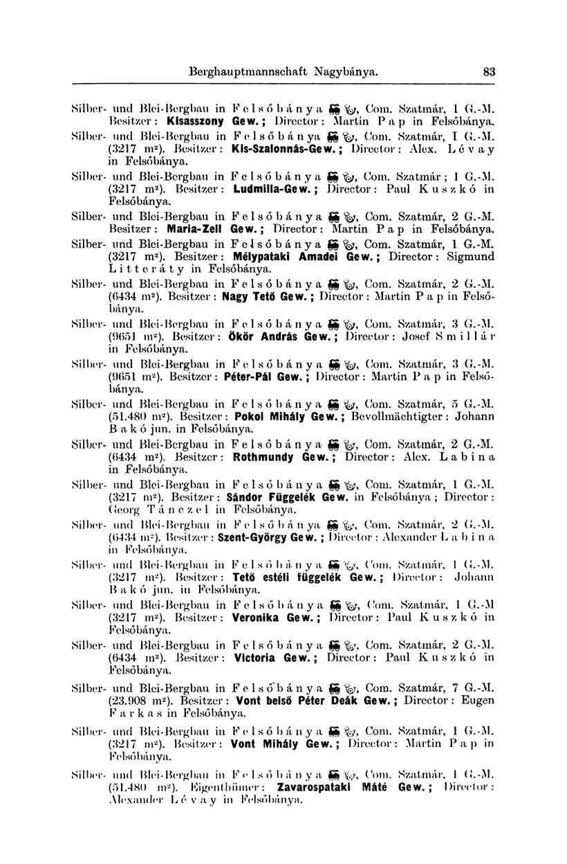 Berghauptmannschaft Nagybánya. 83 Silber- und Blei-Bergbau in Felsőbánya S S C o m. Szatmár, 1 G.-M. Besitzer: Kisasszony Gew.; Director: Martin Pap in Felsőbánya.