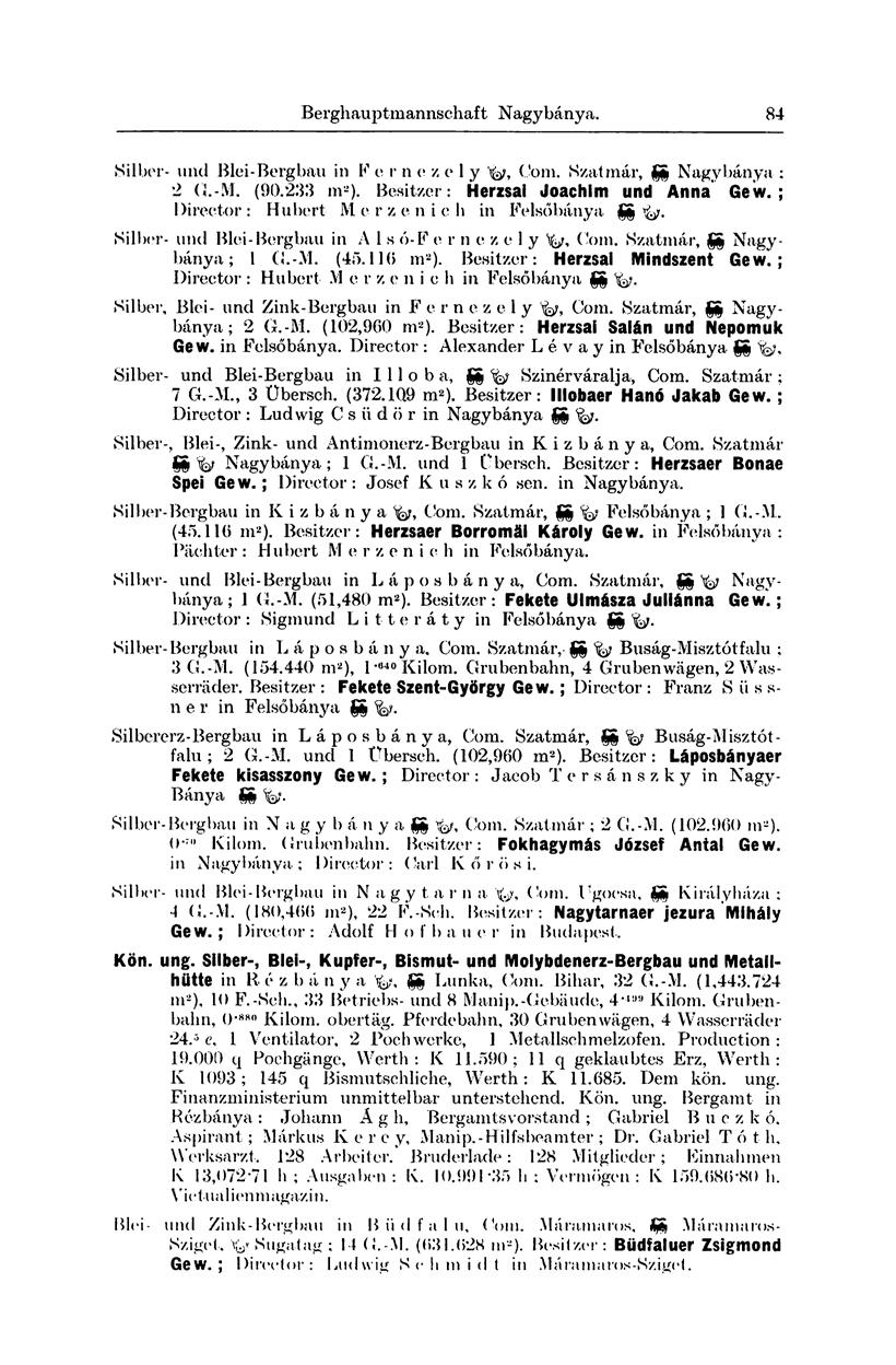 Berghauptmannschaft Nagybánya. 83 Silber- und Blei-Bergbau in F e r n e z e 1 y fa, Com. Szatmár, SS Nagybánya : 2 G.-M. (90.233 m a ). Besitzer: Herzsal Joachim und Anna' Gew.