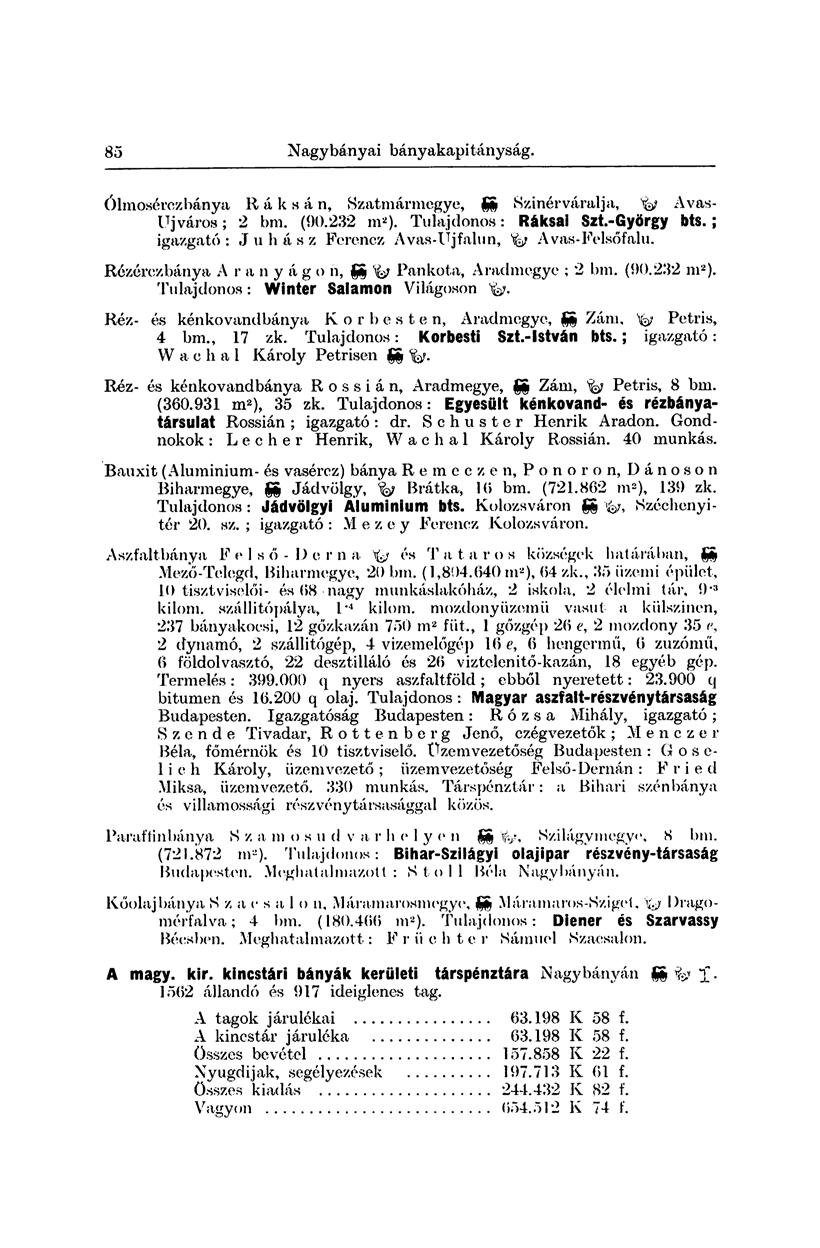 82 Nagybányai bány akapi tányság. Ólmosércz bánya Ráksán, Szatmármegye, SS Szinérváralja, % Avasig város; 2 bm. (00.232 m 2 ). Tulajdonos: Ráksai Szt.-György bts.