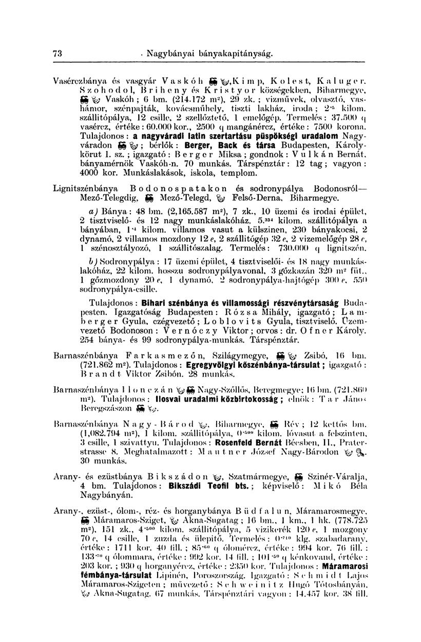 73 Nagy banyai bány akapi t ány ság. Vasérczbánya és vasgyár V a s k 6 h i m ]>, K o l c s t, K a 1 u g c r.