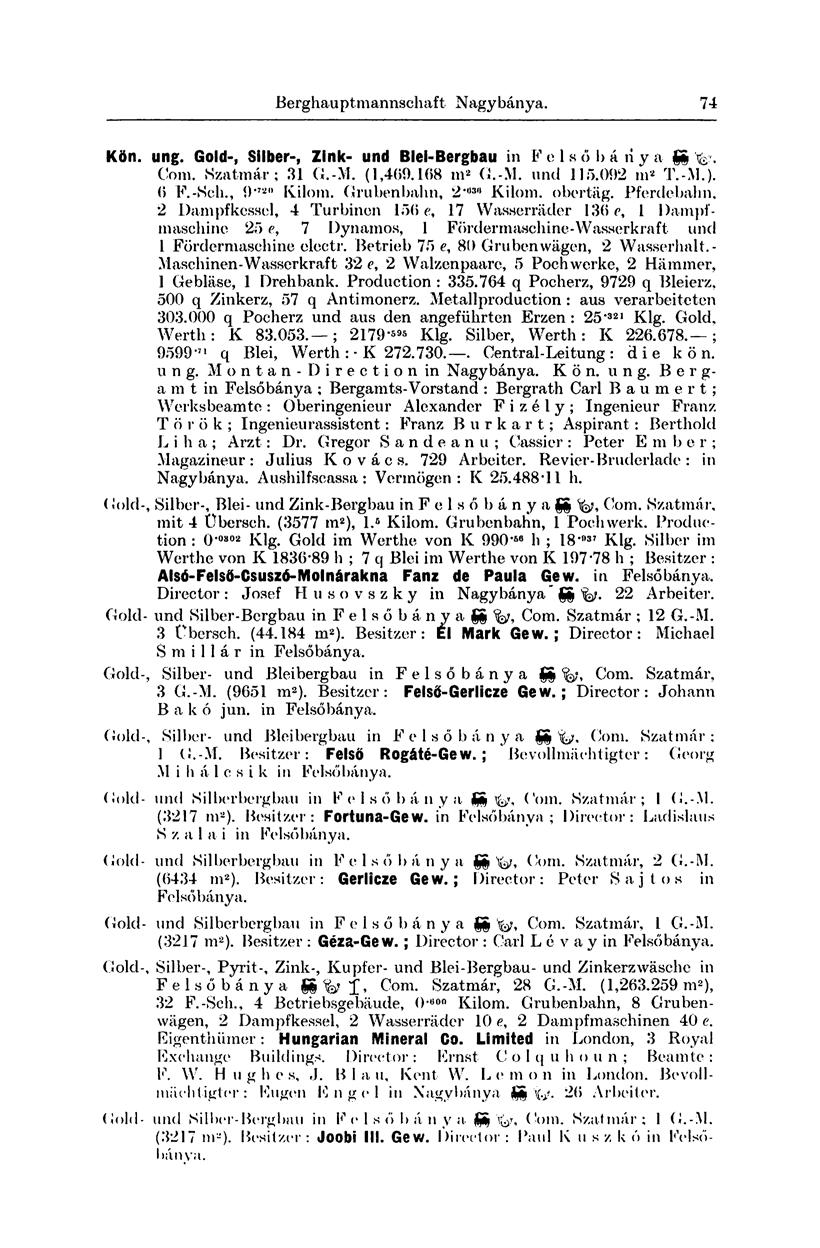 Berghau ptmannschaft Nagybánya. 77 Kön. ung. Gold-, Silber-, Zink- und Blei-Bergbau in F c 1 s 6 b á n y a V- Com. Szatmár; 31 G.-M. (1,409.168 m 2 G.-M. und 115.092 in 2 T.-M.). 0 F.-Sch.