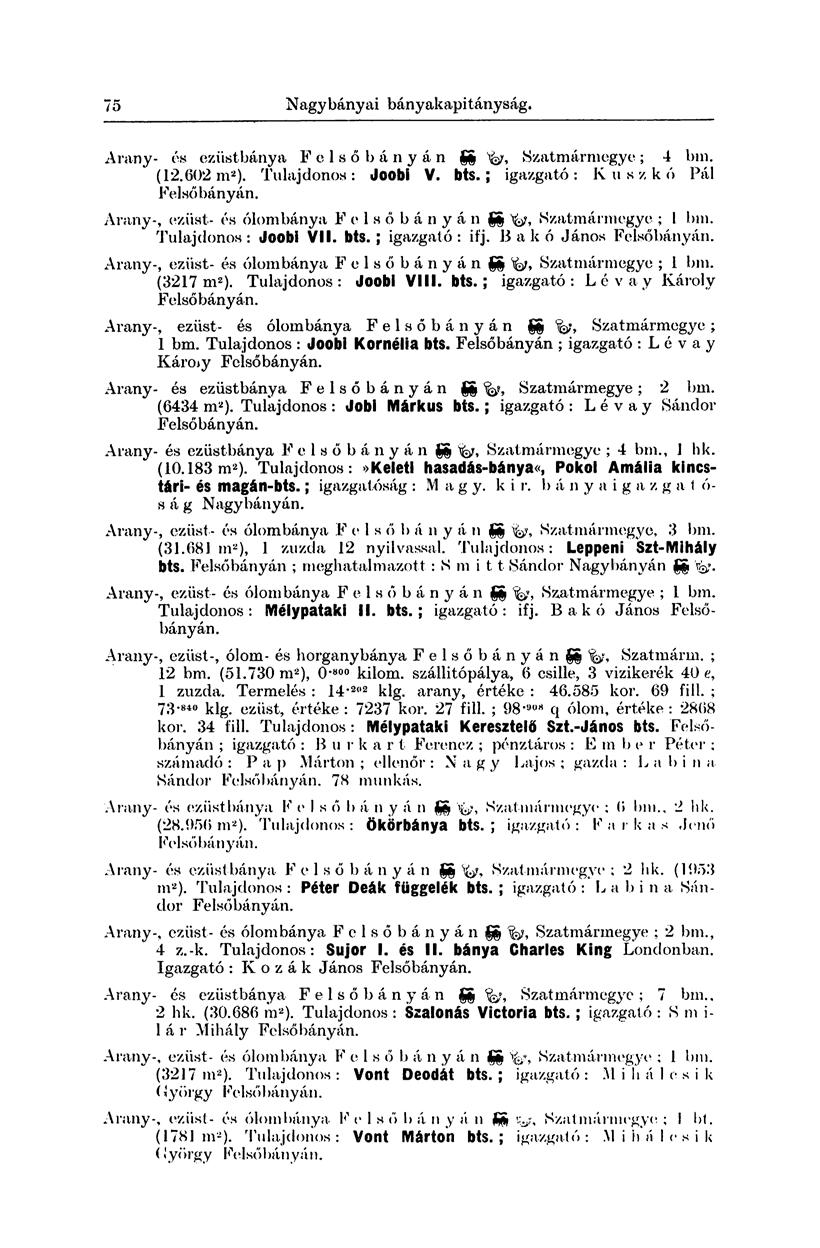 174 Nagybányai bányakapitányság. Arany- ós ezüstbánya Felsőbányán SS fey, Szatmármegye; 4 bin. (12.602 m 2 ). Tulajdonos : ÜOObí V. bts.