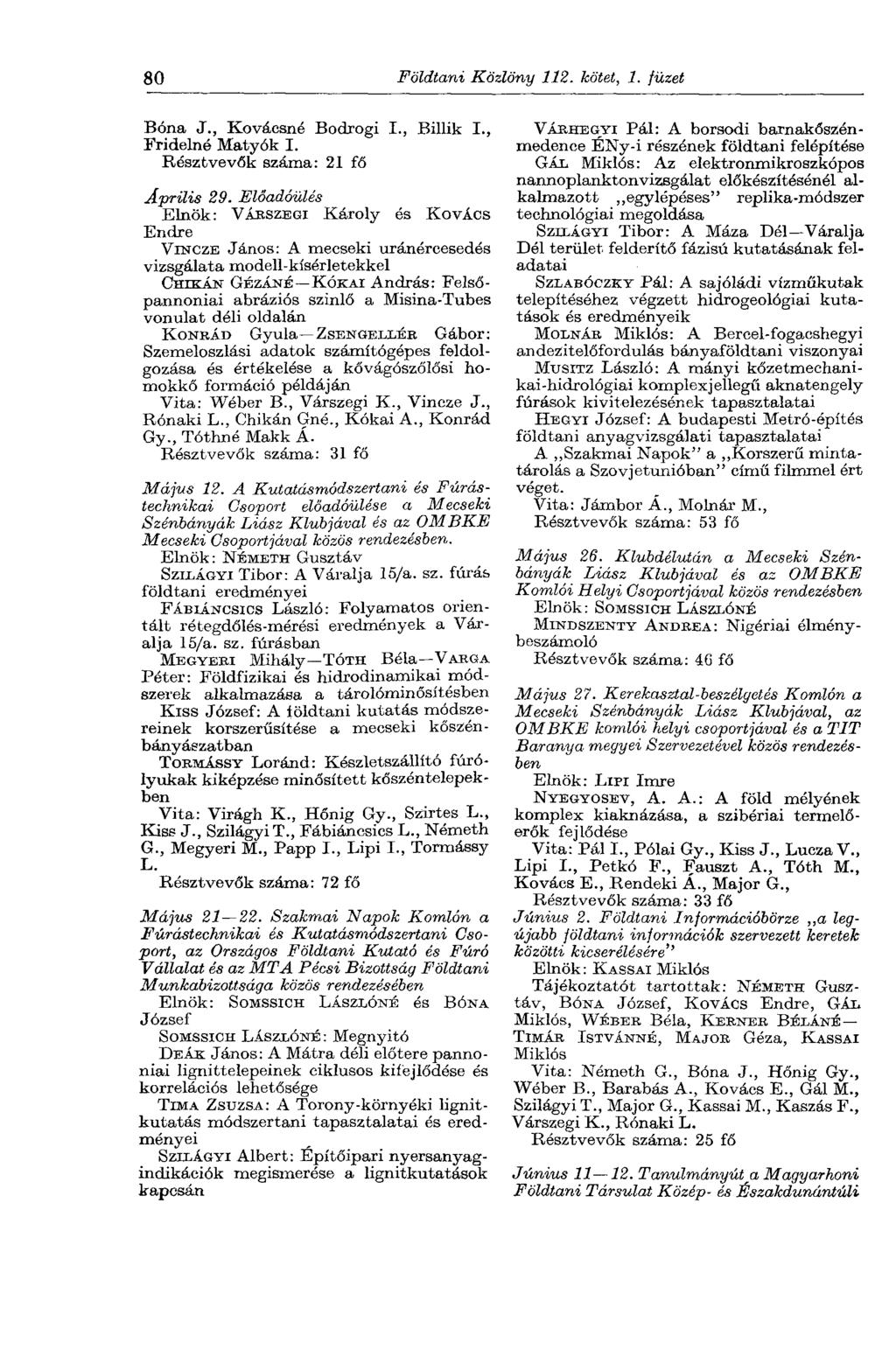 80 Földtani Közlöny 112. kötet, 1. füzet Bóna J., Kovácsné Bodrogi I., Billik I., Fridelné Matyók I. Résztvevők száma: 21 fő Április 29.