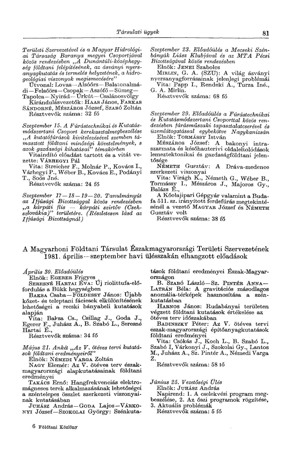 Társulati ügyek 81 Területi Szervezetévél és a Magyar Hidrológiai Szeptember 23.