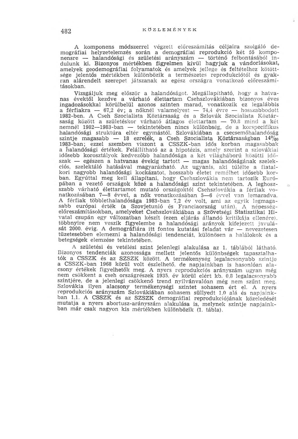 482 K ÖZLEM ÉN Y EK A kom ponens m ódszerrel végzett előreszám ítás céljaira szolgáló dem ográfiai helyzetelem zés során a dem ográfiai reprodukció k ét fő kom ponensre halandósági és születési