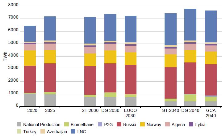 EURÓPAI FÖLDGÁZ FORRÁS-STRUKTÚRA Jelmagyarázat: ST: Sustainable transition szcenárió DG: Direct Generation
