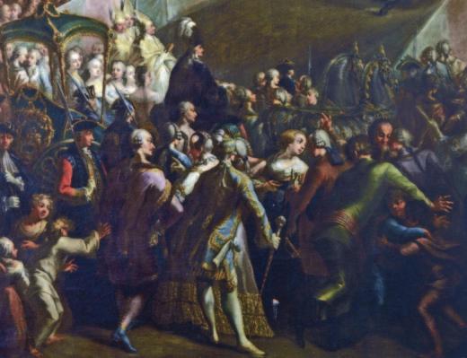 KARDVÁGÁS A KORONÁZÁSI DOMBON [22. kép] A koronázás világi ceremóniájának utolsó mozzanata a koronázási dombon elvégzett jelképes kardvágás volt, amely a 15.