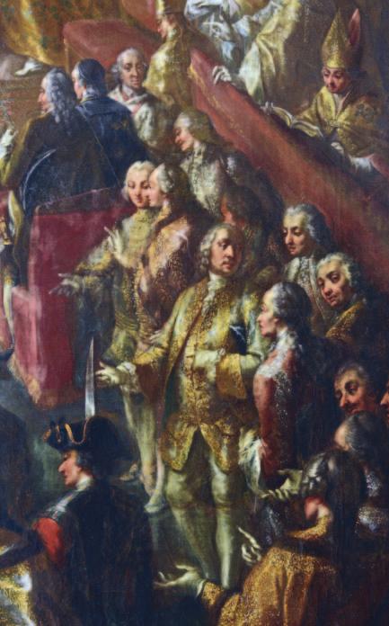 A rokokó falburkolatba foglalt hét festmény közül az események időrendjében haladva az első témája a királynő fogadása az országhatáron 1741. június 20-án. (Lásd Hende Fanni írását az előző oldalakon.