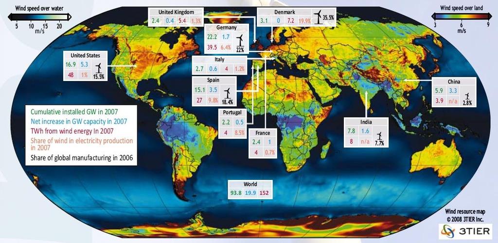 Szélenergia termelés lehetőségei, a telepített kapacitások, az energiatermelés és a készülékgyártás adatai a vezető országokra World onshore