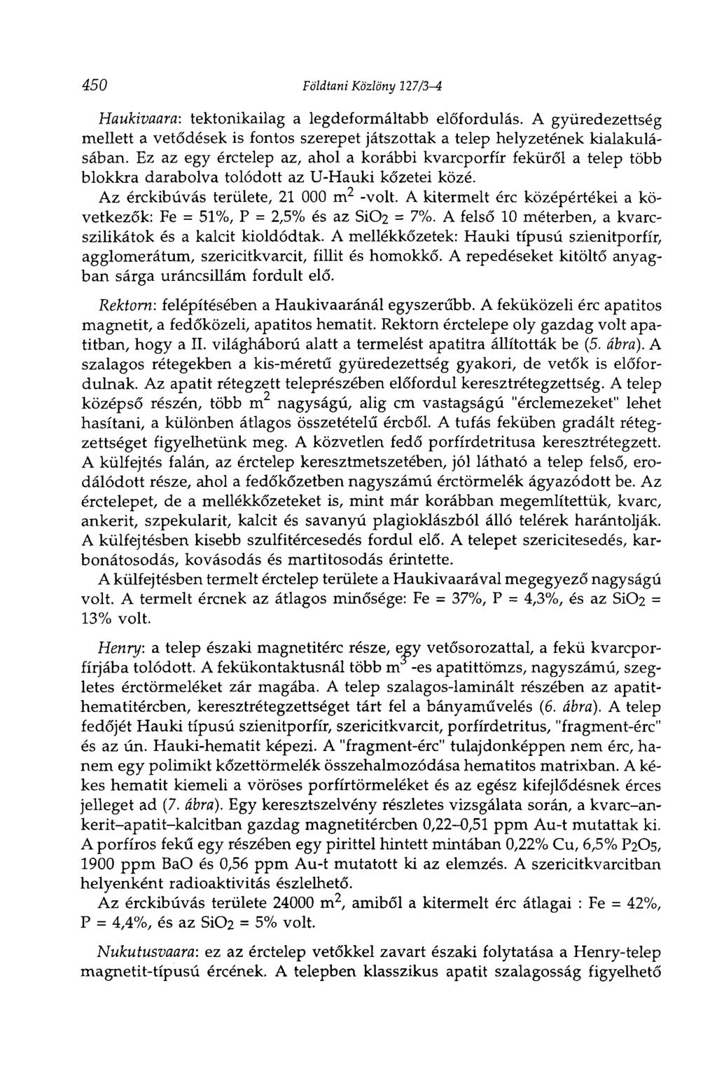 450 Földtani Közlöny 127/3^ Haukivaara: tektonikailag a legdeformáltabb előfordulás. A gyüredezettség mellett a vetődések is fontos szerepet játszottak a telep helyzetének kialakulásában.