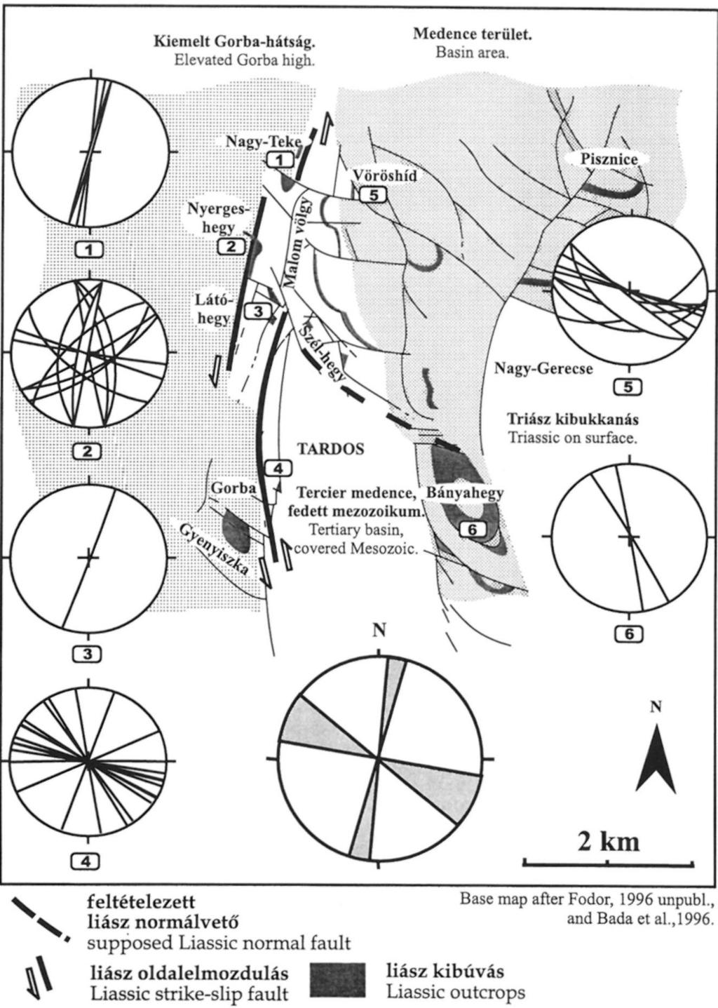 és a ma észlelhető vetőgeometria térképi vetülete Fig. 7.