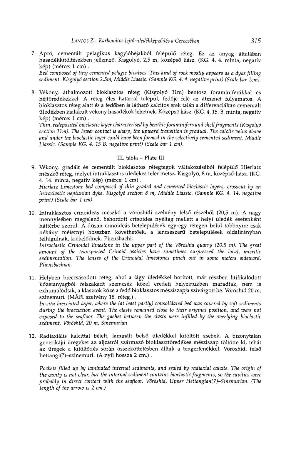 LANTOS Z.: Karbonátos lejtő-üledékképződés a Gerecsében 315 7. Apró, cementált pelagikus kagylóhéjakból felépülő réteg. Ez az anyag általában hasadékkitöltésekben jellemző.