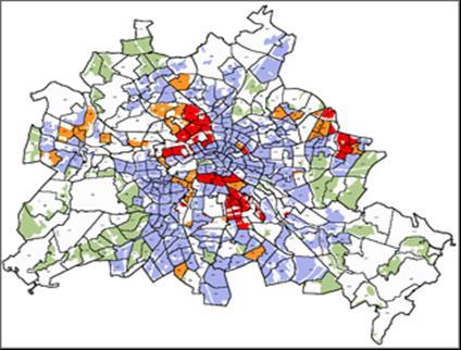 Berlin metropolisz Jelmagyarázat: vörös: nagyon alacsony státus, narancs: alacsony státusú, levendula: