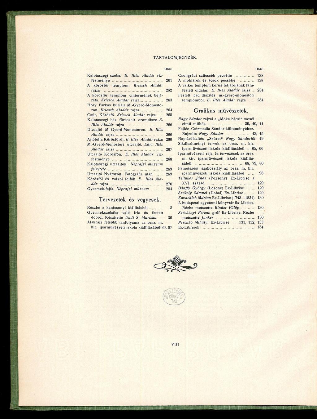TARTALOMJEGYZÉK. Oldal Kalotaszegi szoba. E. Illés Aladár vízfestménye 261 A kőrösfői templom. Kriesch Aladár rajza 262 A körösfői templom cintermének bejárata.