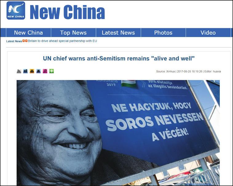 HÍREK ÉS VÉLEMÉNYEK A MAGYARORSZÁGI ANTISZEMITIZMUSRÓL A kormány Soros-plakátjával illusztrálta az antiszemitizmust a kínai hírügynökség Forrás: hvg.hu; 444.hu 2017. augusztus 14.