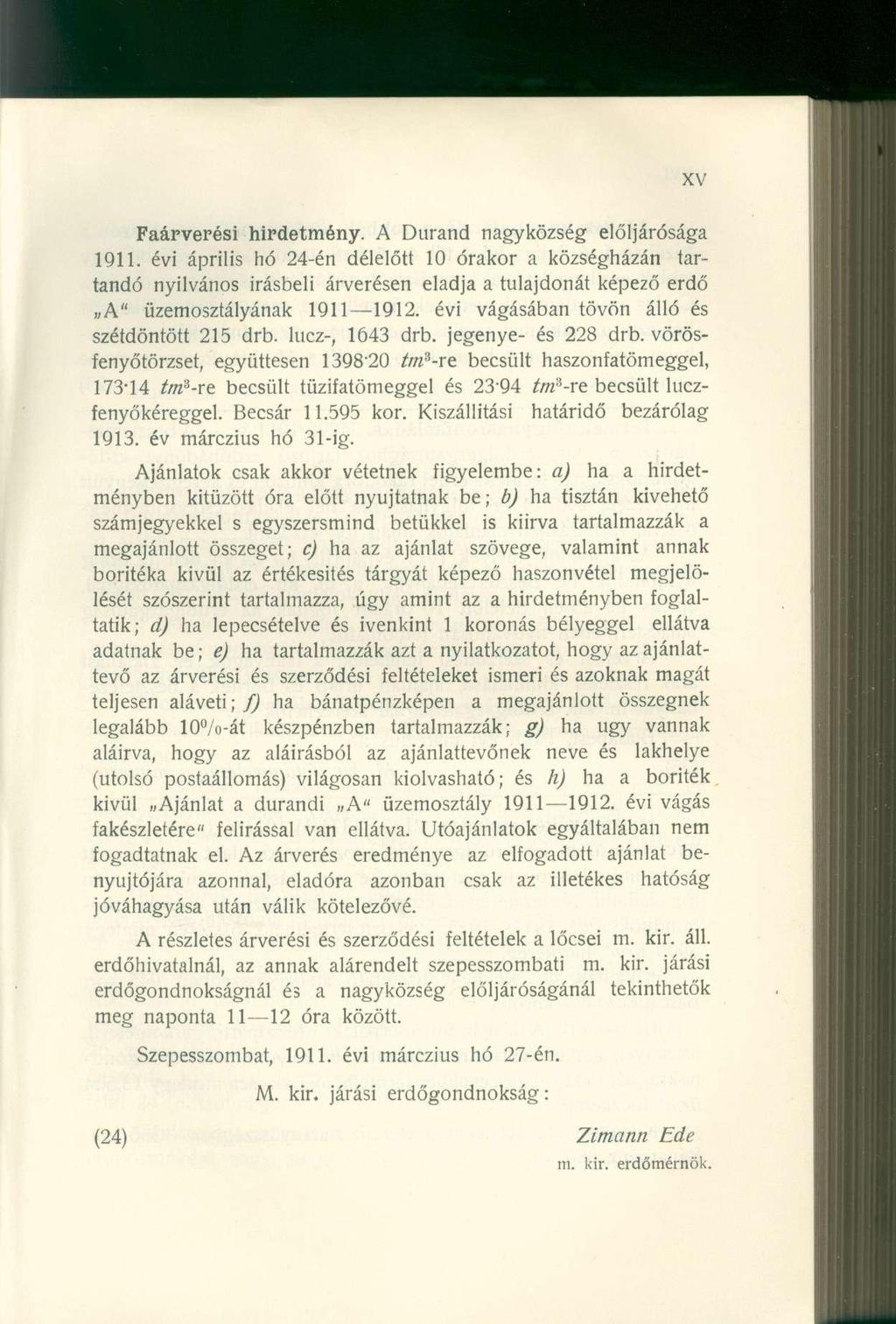 Faárverési hirdetmény. A Durand nagyközség elöljárósága 1911.