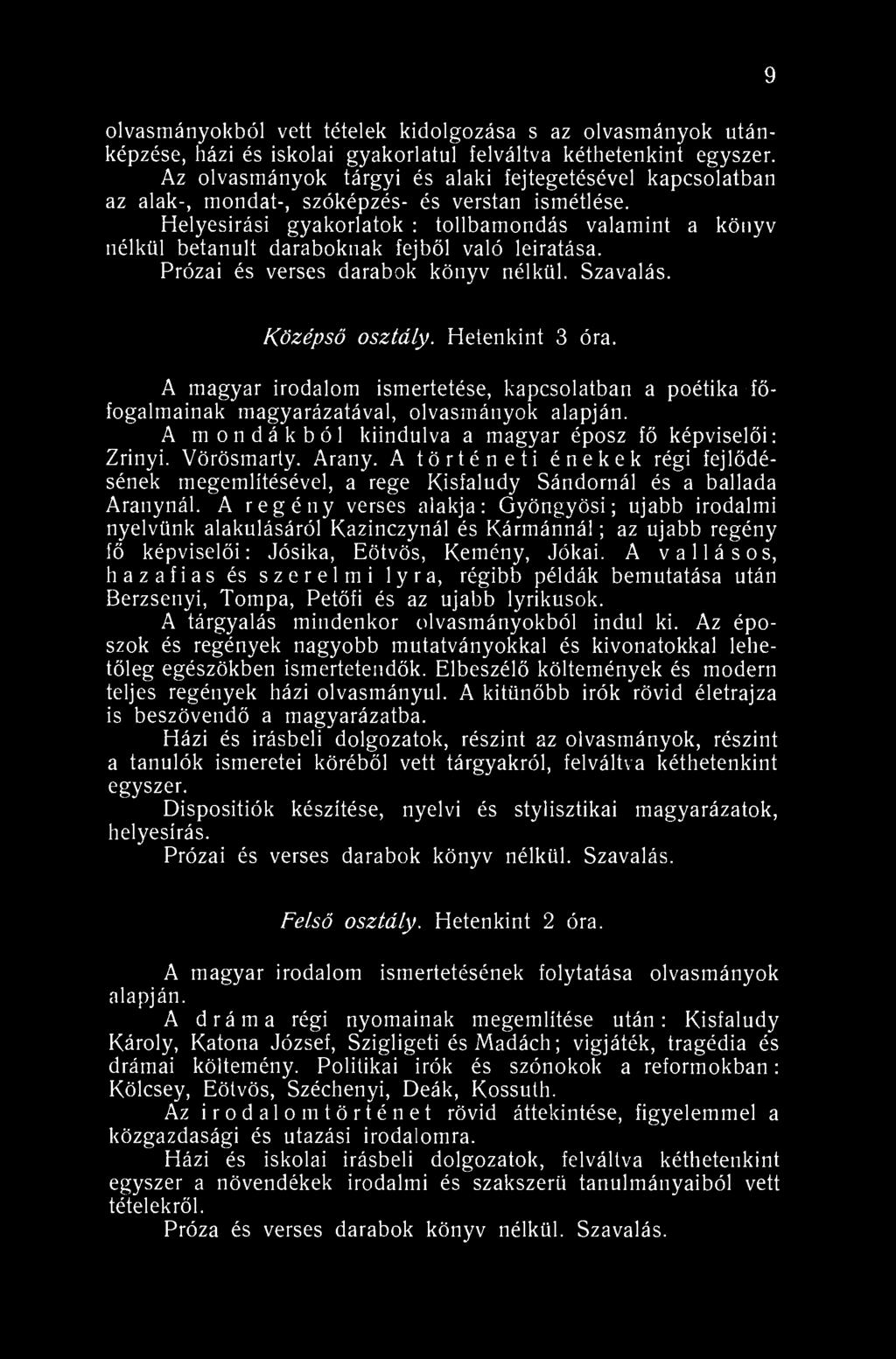9 olvasmányokból vett tételek kidolgozása s az olvasmányok utánképzése, házi és iskolai gyakorlatul felváltva kéthetenkint egyszer.