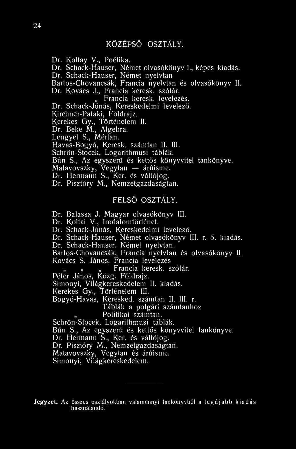 24 KÖZÉPSŐ OSZTÁLY. Dr. Koltay V., Poétika. Dr. Schack-Hauser, Német olvasókönyv L, képes kiadás. Dr. Schack-Hauser, Német nyelvtan Bartos-Chovancsák, Francia nyelvtan és olvasókönyv II. Dr. Kovács J.