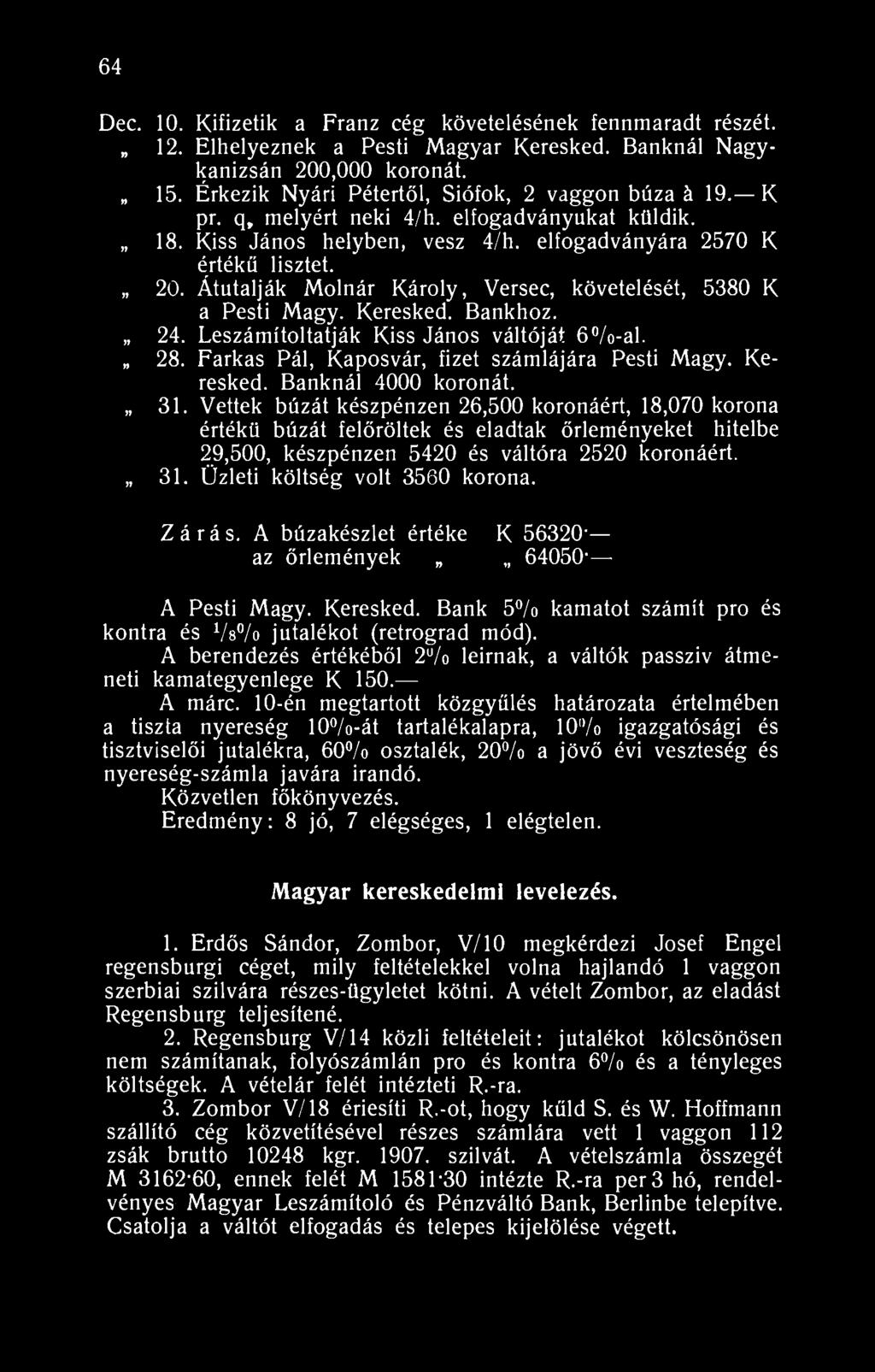 64 Dec. 10. Kifizetik a Franz cég követelésének fennmaradt részét. 12. Elhelyeznek a Pesti Magyar Keresked. Banknál Nagykanizsán 200,000 koronát. 15.