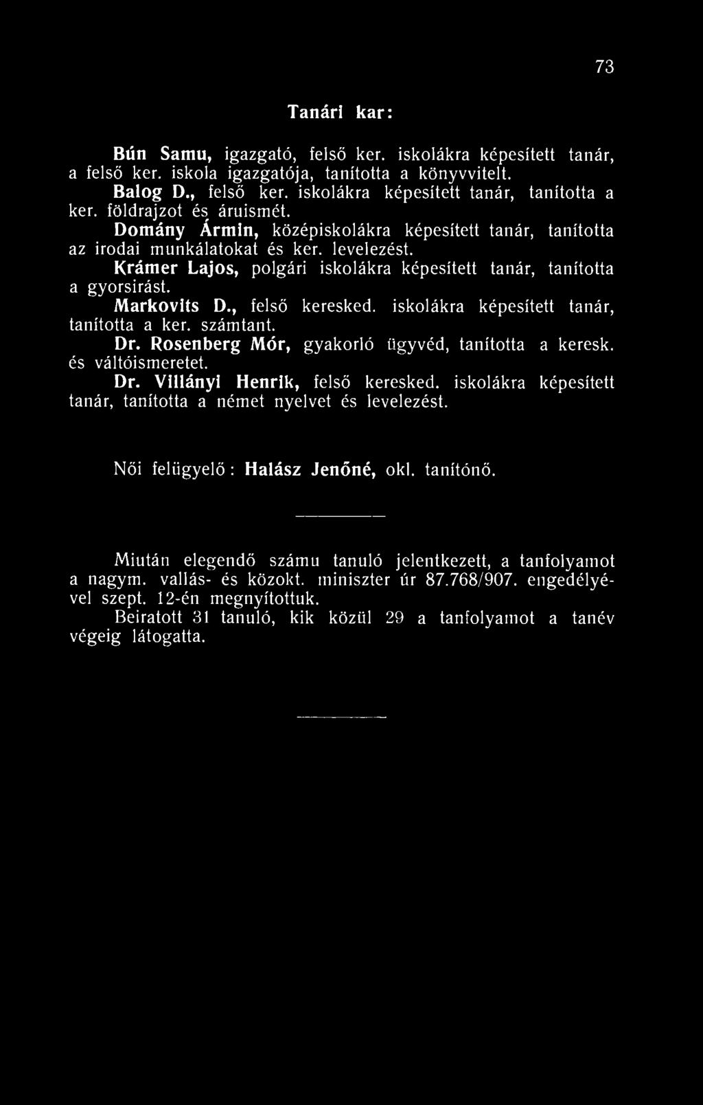 73 Tanári kar: Bún Samu, igazgató, felső ker. iskolákra képesített tanár, a felső ker. iskola igazgatója, tanította a könyvvitelt. Balog D., felső ker. iskolákra képesített tanár, tanította a ker.