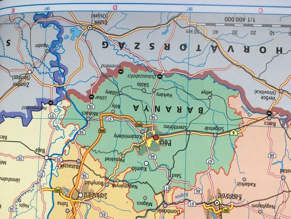 II. Térképészet Az alábbi térképrészlet segítségével válaszolj a következő kérdésekre! 12. Pécsről hányas számú főúton juthatunk el a barcsi határátkelőhöz?. 13.