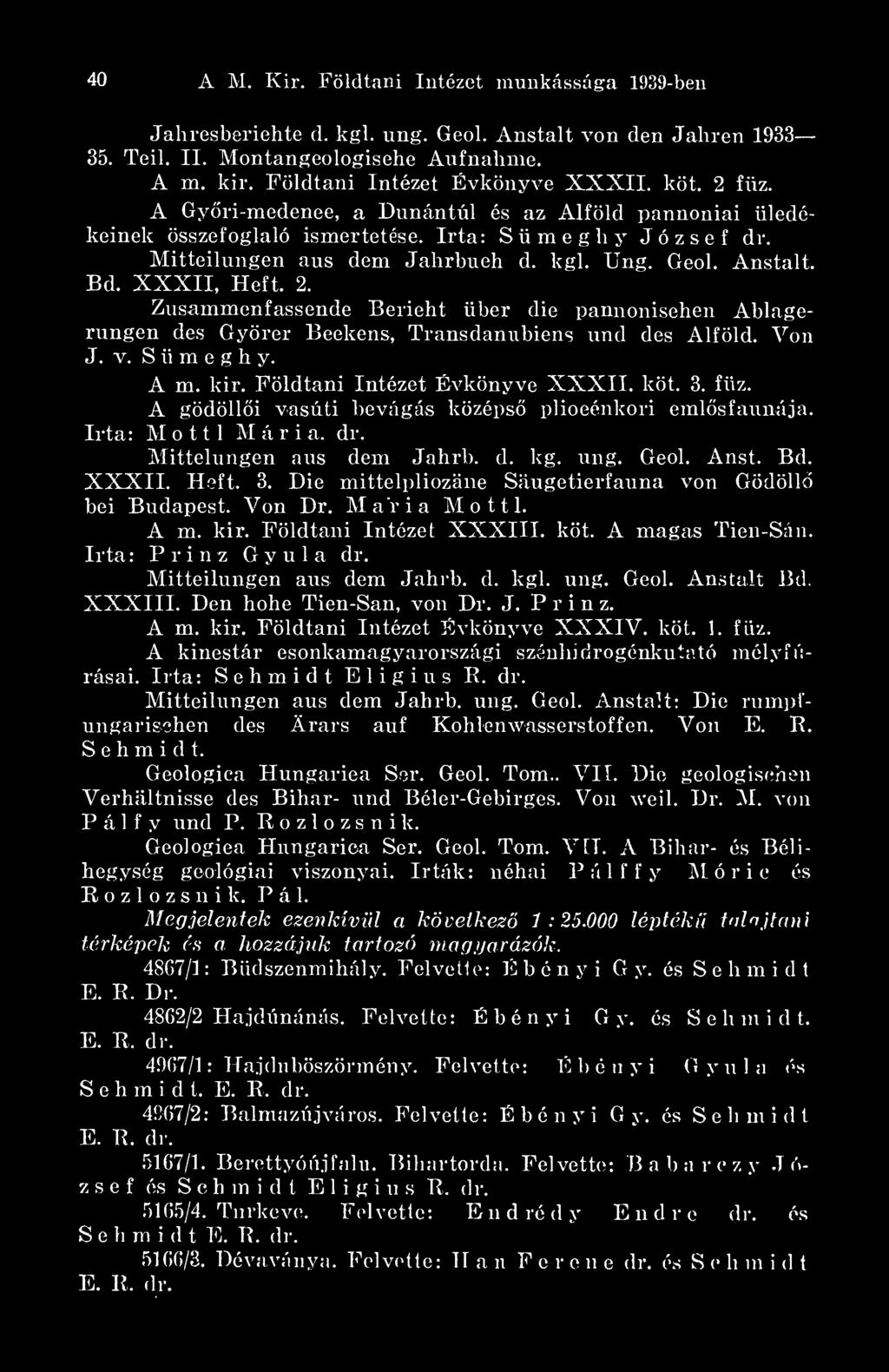 2. Zusammenfassende Bericht über die pannonischen Ablagerungen des Györer Beckens, Transdanubiens und des Alföld. Von J. V. S ü m e g h y. A m. kir. Földtani Intézet Évkönyve XXXII. köt. 3.