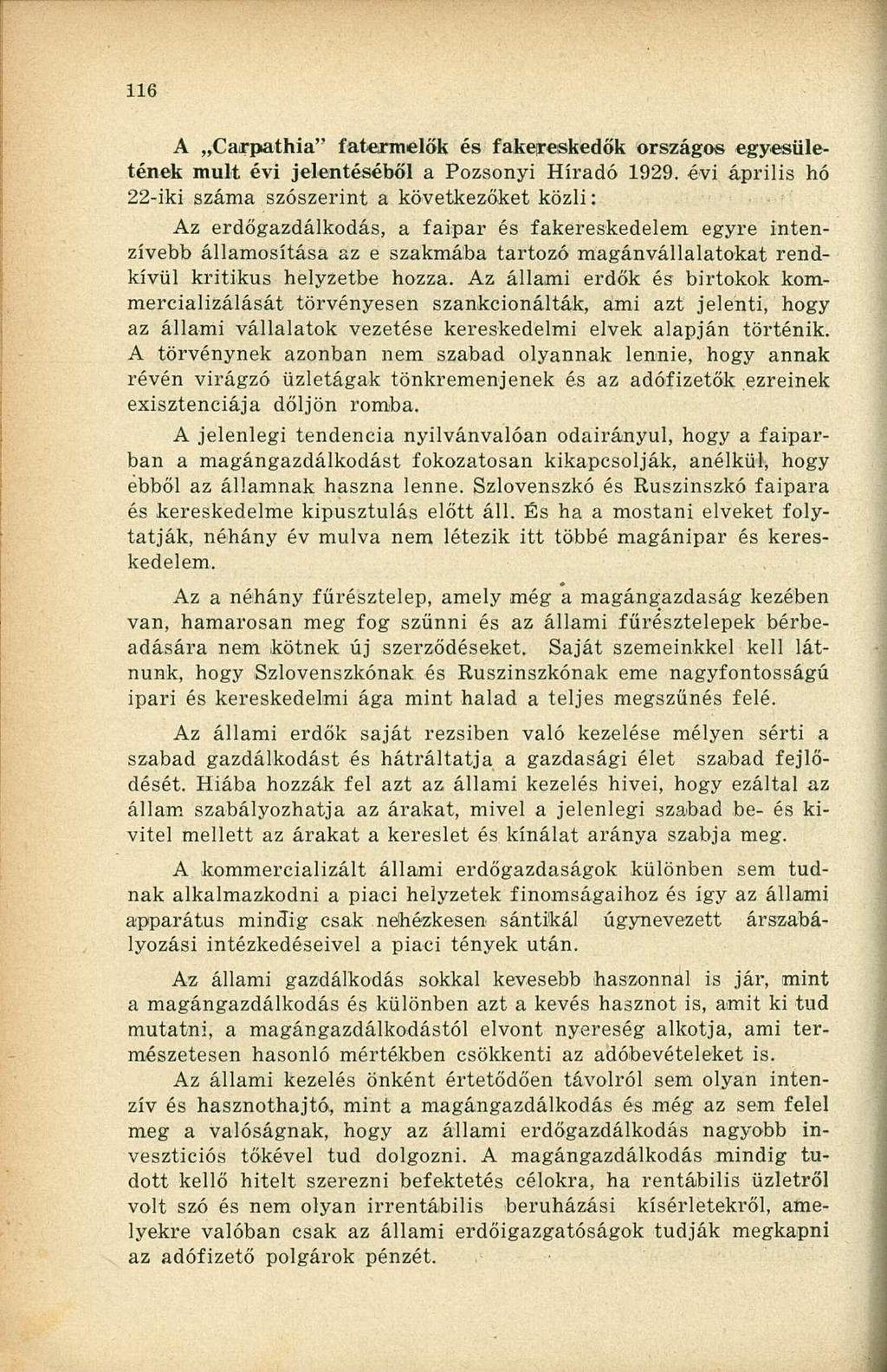 A Carpathia" fatermelők és fakeireskedők országos egyesületének mult évi jelentéséből a Pozsonyi Híradó 1929.
