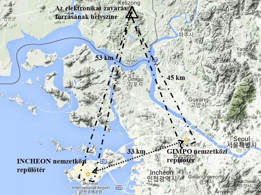 3. ábra Az elektronikai zavarás helyszínei az észak-koreai és dél-koreai incidens esetében 13 5. NATO elektronikai hadviselés gyakorlat (2014.