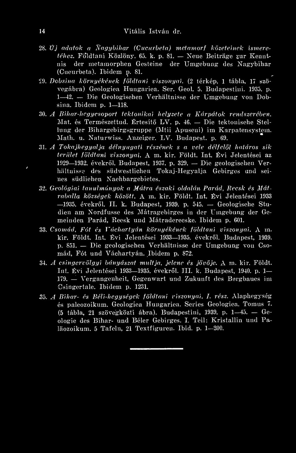 (2 térkép, 1 tábla, 17 szövegábra) Geologica Hungarica. Ser. Geol. 5. Budapestini. 1935. p. 1 42. Die Geologischen Verháltnisse dér Umgebung von Dobsina. Ibidéin p. 1 118. 30.