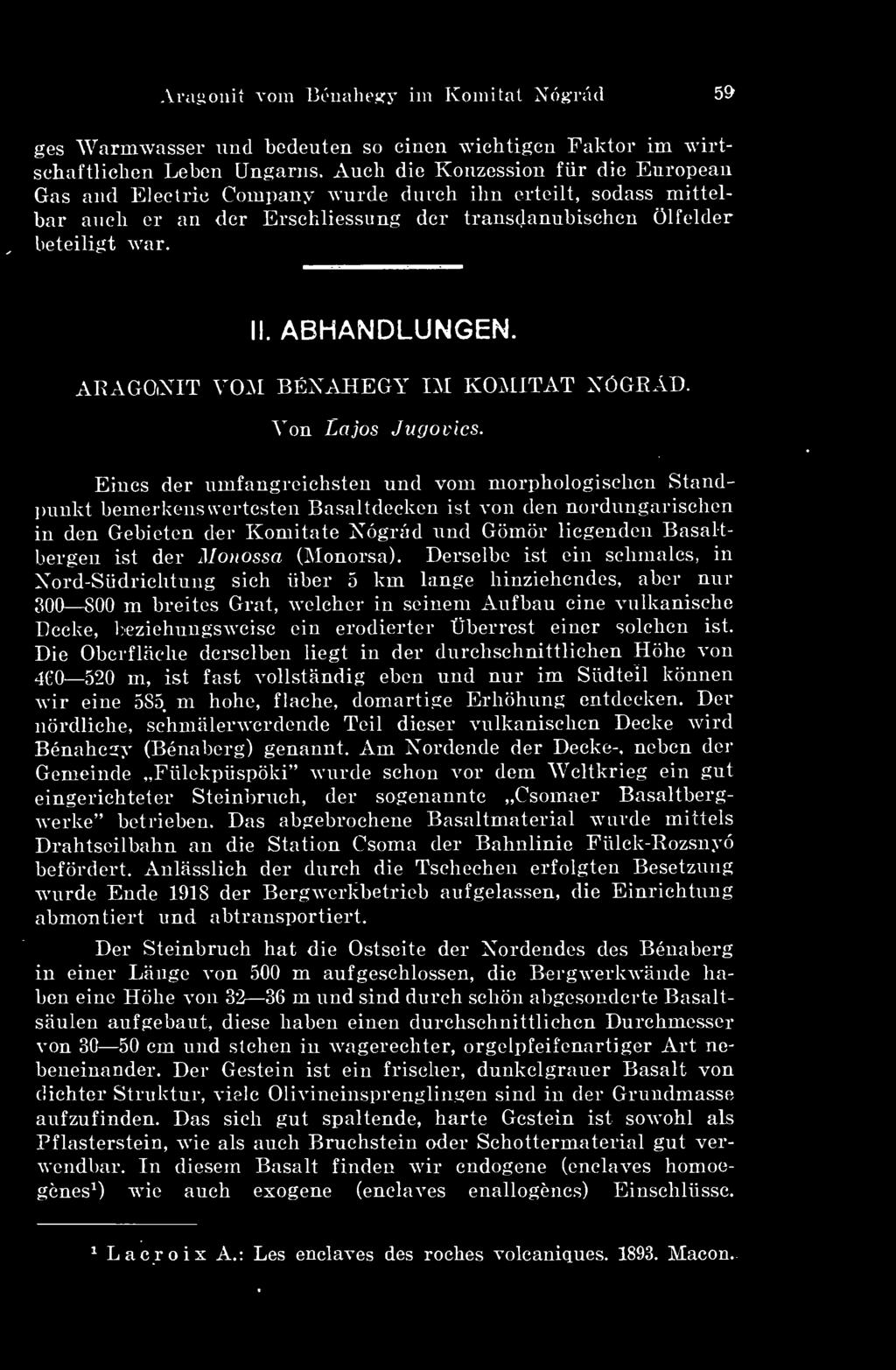 ARAGONIT VÖM BÉNAHEGY IM KOMITAT NÓGRÁD. Von Lajos Jugovics.