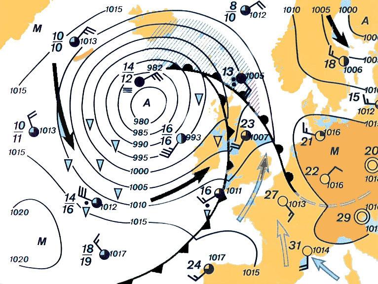 11. ábra Ciklonok, anticiklonok, frontok A Coriolis erő ismeretében már megérthetjük a ciklonok örvénylését is.