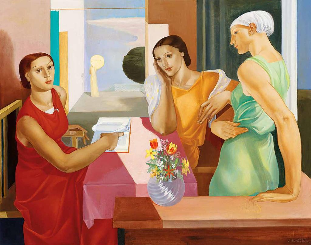 163 n Medveczky Jenő (1902-1969) Terasz (Három Grácia), 1934 Terrace (Three Graces), 1934 120 x 150 cm Jelezve jobbra lent Signed lower right: Medveczky 34 A vakráma merevítő keresztlécén a KUT