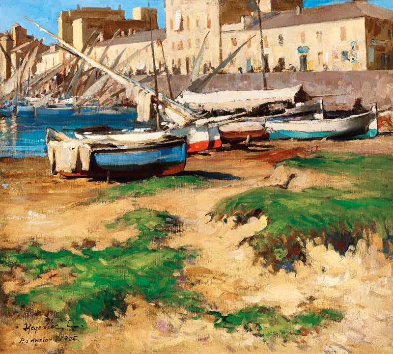 d Anzio 1905 10 n Tibor Ernő (1885-1945) Németalföldi vitorlások a kikötőben Dutch Sailing Boats in the Port 40 x 49,5 cm Olaj, karton Oil on cardboard