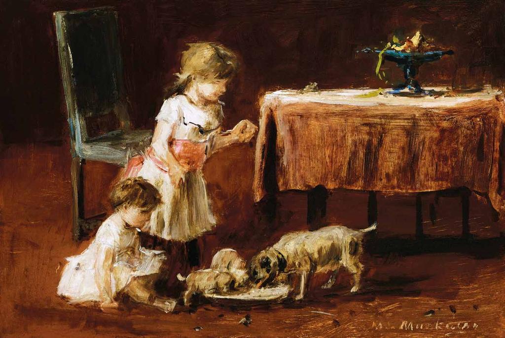 166 n Munkácsy Mihály (1844-1900) Kölyökkutyák etetése, 1880 körül Feeding Puppies, c.1880 27 x 41 cm Olaj, fa Oil on panel Jelezve jobbra lent Signed lower right: M.