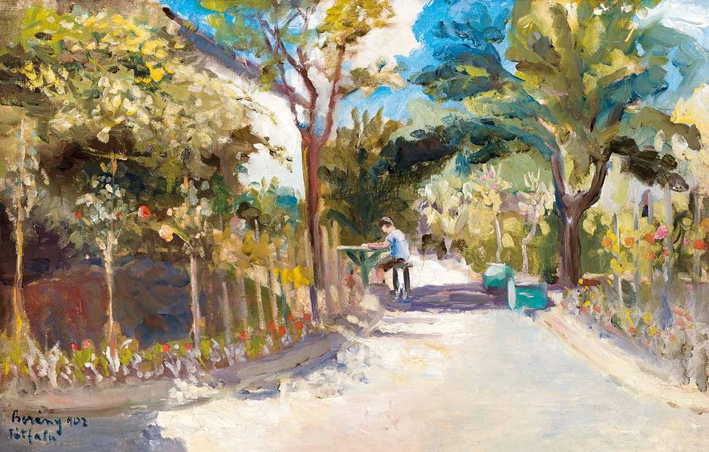169 n Berény Róbert (1887-1953) Napos udvar, 1902 Sunlit Yard, 1902 45 x 70 cm Jelezve balra lent Signed lower left: Berény 902 Tótfalu Kikiáltási