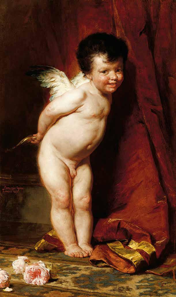 60 n Benczúr Gyula (1844-1920) Pajkos barna Ámor, (Ránk tekintő Ámor), 1893 Naughty Amor, 1893 101 x 62 cm Jelezve balra középen Signed left centre: Benczúr Gyula Budapest 1893 Kikiáltási ár: 4 500