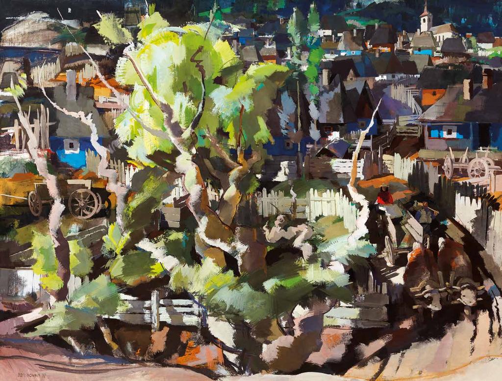 149 n Aba-Novák Vilmos (1894-1941) Magyar hegyi falu, 1937 Hungarian Mountain Village, 1937 100 x 131,5 cm Tempera, falemez Tempera on panel Jelezve balra lent Signed lower left: Aba-Novák 37