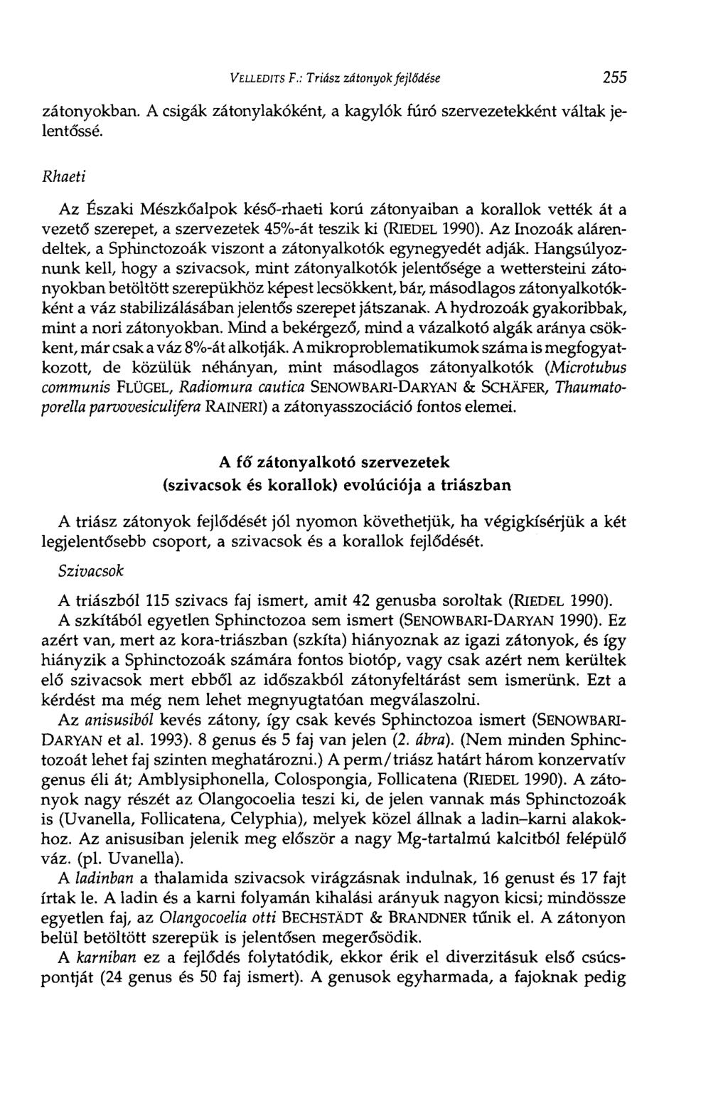 VELLEDITS F.: Triász zátonyok fejlődése 255 zátonyokban. A csigák zátonylakóként, a kagylók fúró szervezetekként váltak jelentőssé.