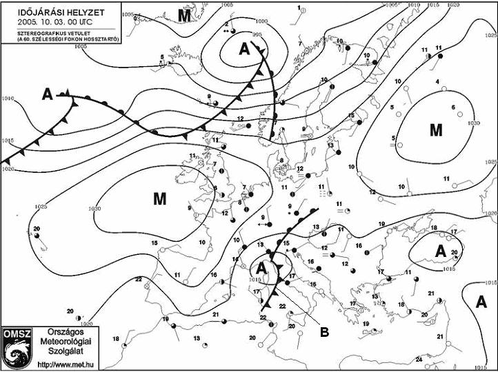 IV. Meteorológiai előrejelzés 6 pont X Tanulmányozza az időjárási térképet és válaszoljon a kérdésekre! Minden helyes válasz 1 pont. 1. Nevezze meg a térképen A betűvel jelölt légköri képződményt! 2.