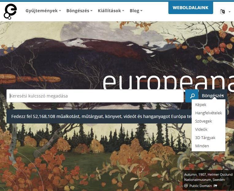 Europeana adatexport Csak metaadatot és lead képet (nézőkép) tárol, a digitális objektumok linkkel mutatnak a feltöltő intézményre.