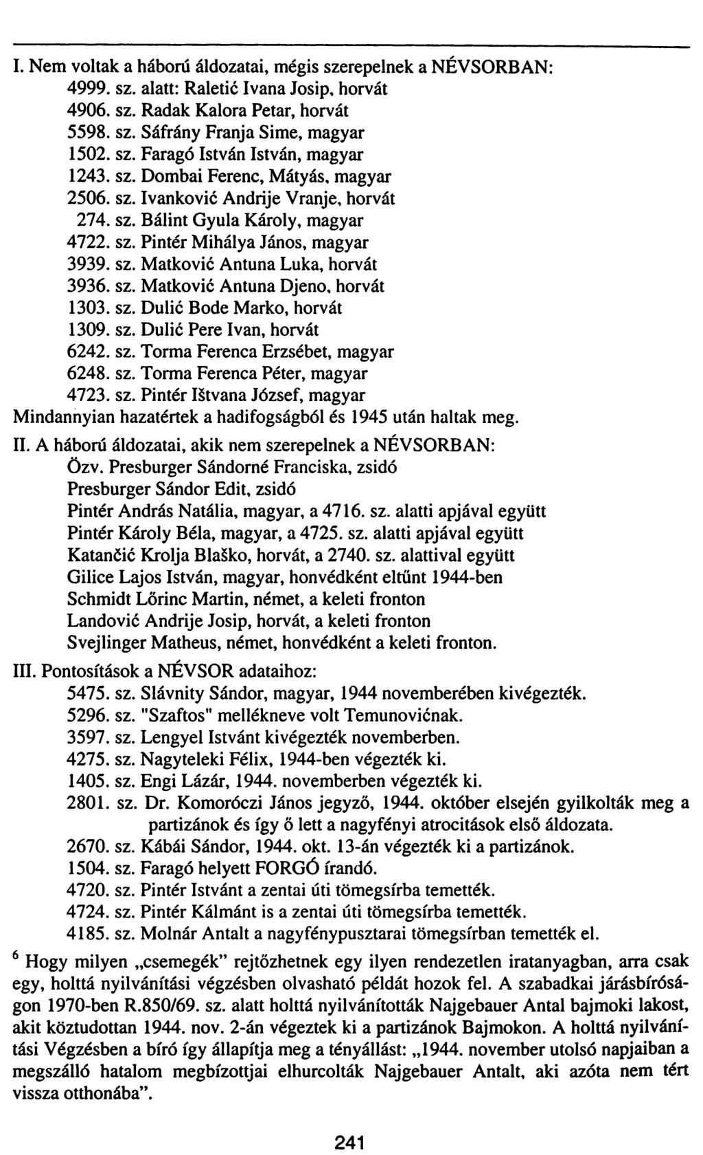 I. Nem voltak a háború áldozatai, mégis szerepelnek a NÉVSORBAN: 4999. sz. alatt: Raletić Ivana Josip, horvát 4906. sz. Radak Kalora Petar, horvát 5598. sz. Sáfrány Franja Sime, magyar 1502. sz. Faragó István István, magyar 1243.