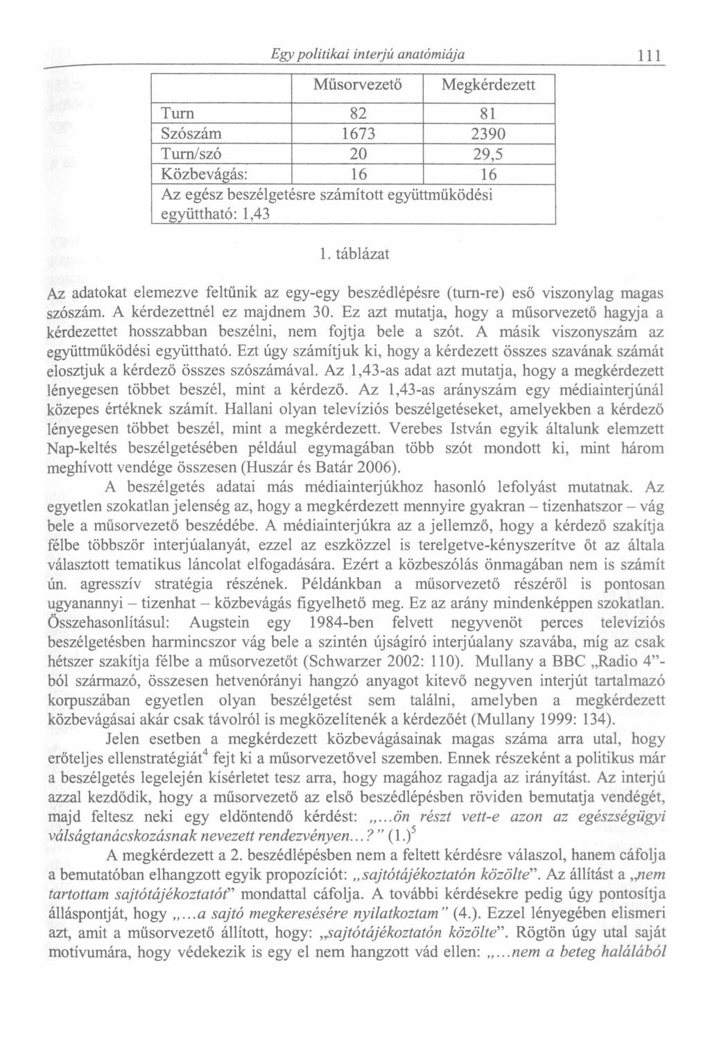 Egy politikai interjú anatómiája 111 Műsorvezető Megkérdezett Turn 82 81 Szószám 1673 2390 Turn/szó 20 29,5 Közbevágás: 16 16 Az egész beszélgetésre számított együttműködési együttható: 1,43 1.