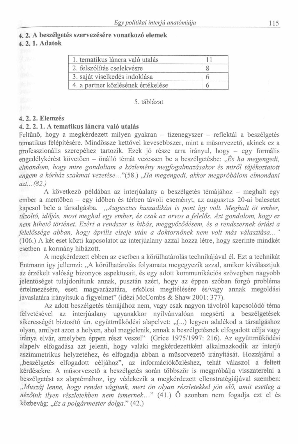 4. 2. A beszélgetés szervezésére vonatkozó elemek 4. 2.1. Adatok Egy politikai interjú anatómiája 115 1. tematikus láncra való utalás 11 2. felszólítás cselekvésre 8 3. saját viselkedés indoklása 6 4.