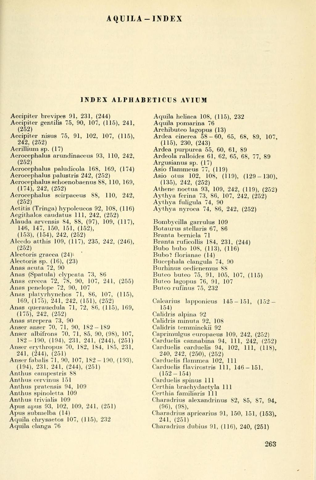 AQUILA INDEX INDEX ALPHABETICUS AVIUM Accipiter brevipes 91, 231, (244) Accipiter gentilis 75, 90, 107, (115), 241, Accipiter nisus 75, 91, 102, 107, (115), 242, Acrillium sp.