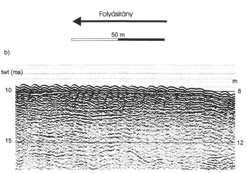 b) The river floor is descripted as horizontal, parallel reflexions at the southern end of the profilé.