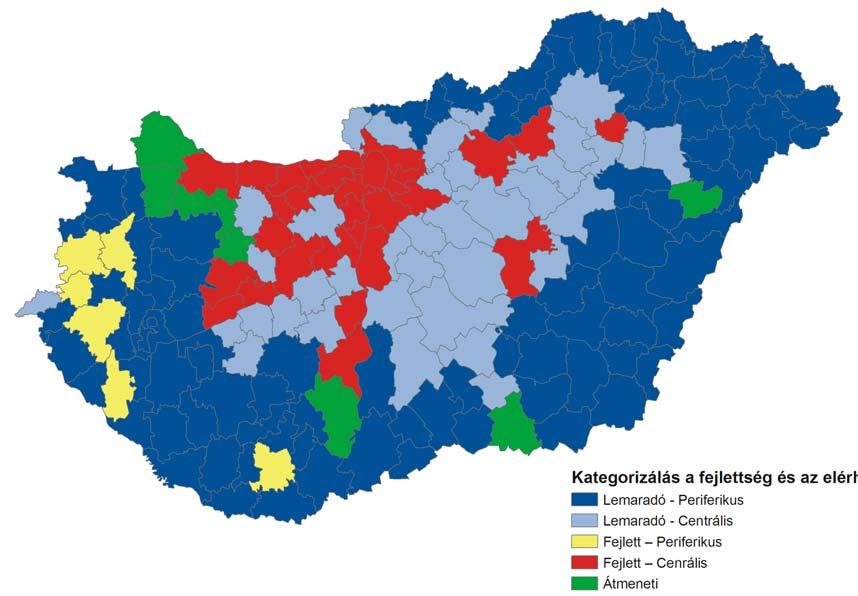 Az egy lakosra utó adóköteles övedelem és az elérhetőség potenál összehasonlítása, 008 Kategorzálás a felettség és az elérhetőség alapán Lemaradó Perferkus Lemaradó Centráls Felett Perferkus Felett