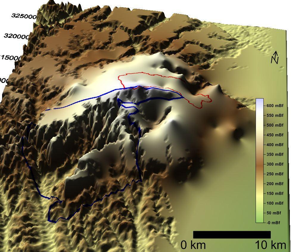 35. ábra Az újonnan előállított karsztvíz-domborzati térkép 3D felületi megjelenítése (kék vonallal határolva a DNy-i Bükk területe, piros vonallal a Szinva-forrás vízgyűjtő területe) (saját