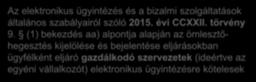 8/2018. (VIII.17.) ITM rendelet Bejelentése 2018. január 1-jétől Az elektronikus ügyintézés és a bizalmi szolgáltatások általános szabályairól szóló 2015. évi CCXXII. törvény 9.