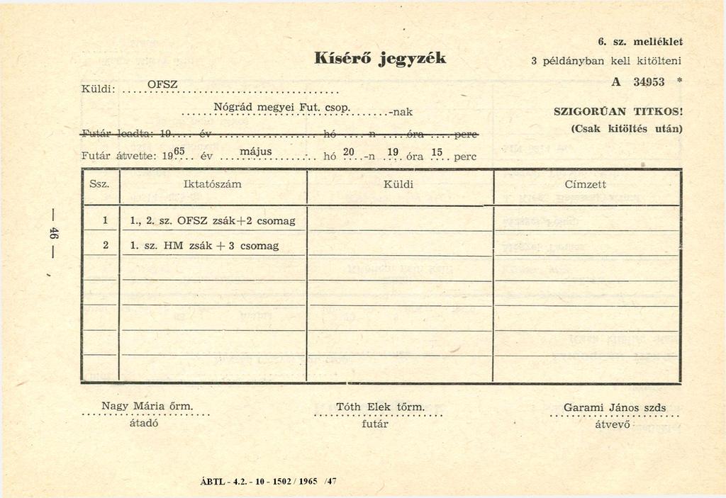 K ísérő jegyzék Küldi:... Nógrád megyei Fut. csop. -nak Futár leadta: év :... hó.... n.... óra... perc 6. sz. m elléklet 3 példányban keli kitölteni A 34953 SZIGORÚAN TITKOS!